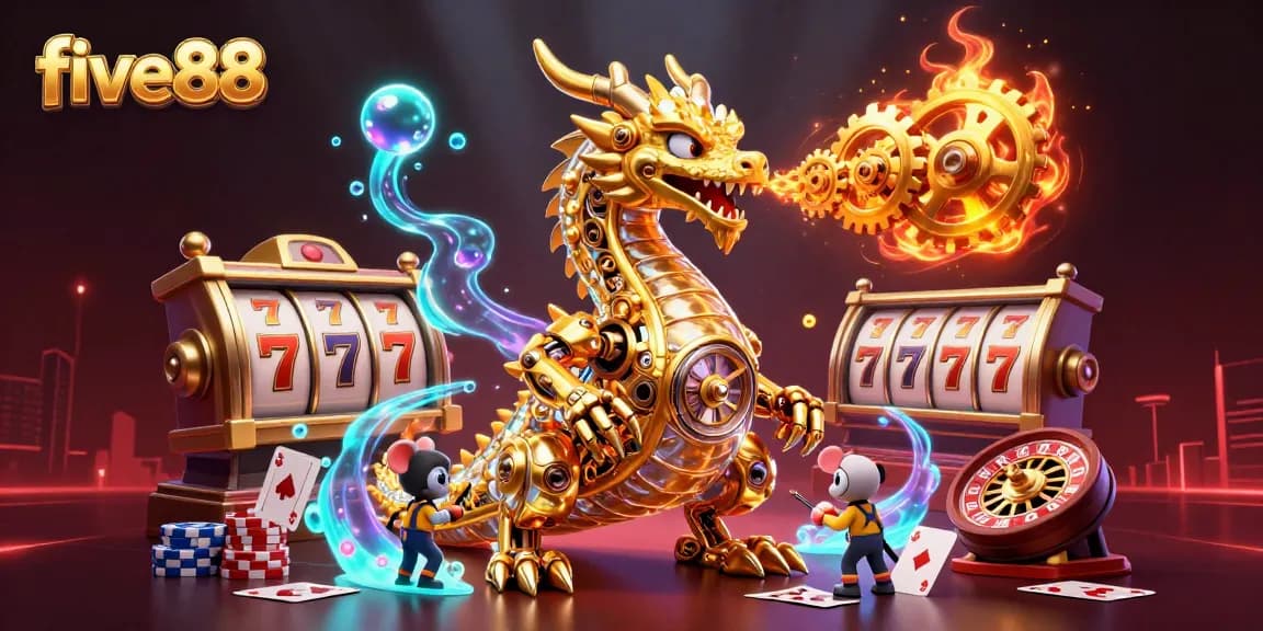 Experience thrilling gaming action with five88 as a golden dragon breathes gears in this vibrant casino illustration.