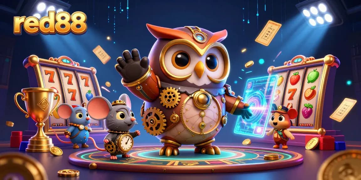 red88 highlights dynamic casino elements with a time-traveler owl amidst vibrant gaming themes