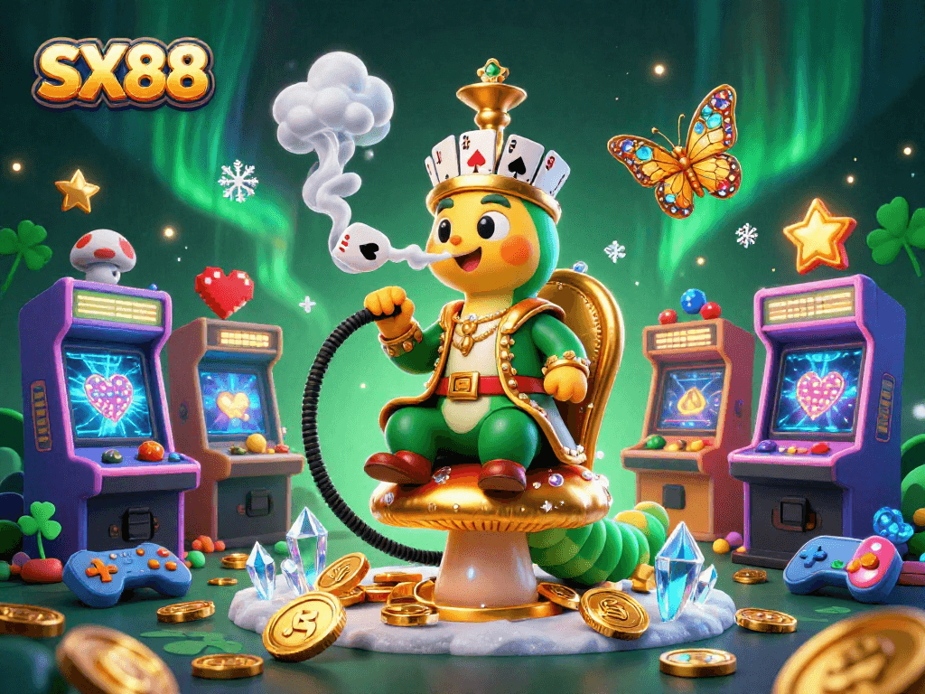 SX88 showcases an entertaining scene with a hookah-master and vibrant casino elements, enhancing the gaming experience.