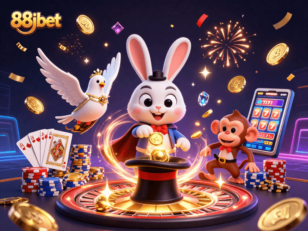 Experience the thrill of winning at 88jbet with a dazzling scene of a magician, dove, and monkey in a vibrant casino.