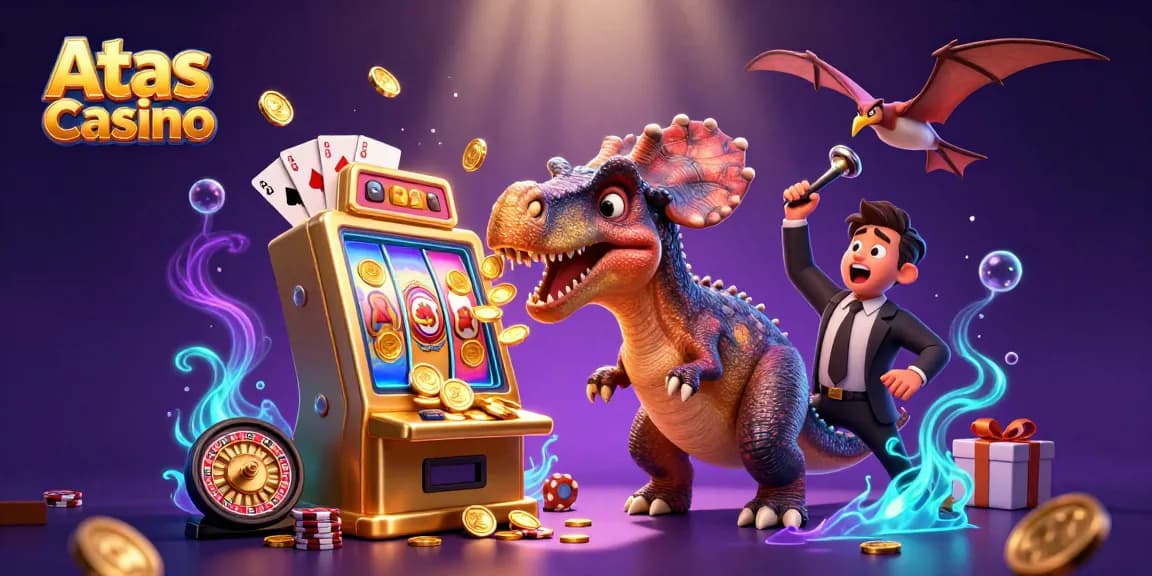 Atas Casino: Pachycephalosaurus engages slot machine while coins fly in a colorful gambling scene.