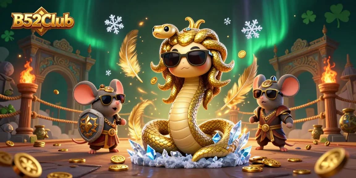 Bets on exciting games at B52Club with a captivating scene featuring Medusa, a warrior mouse, and dynamic gaming elements.