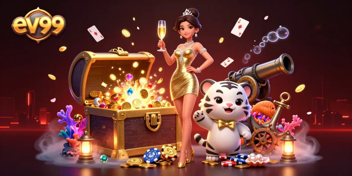 ev99 offers exciting casino action with a glamorous woman and a lucky tiger amidst vibrant gaming elements.