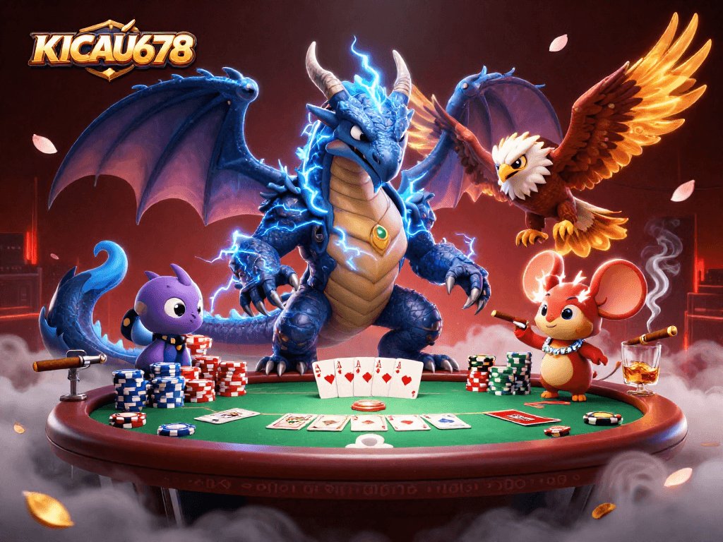 KICAU678 poker scene with a thunder dragon, wind hawk, and thunder mouse amid vibrant gaming elements.