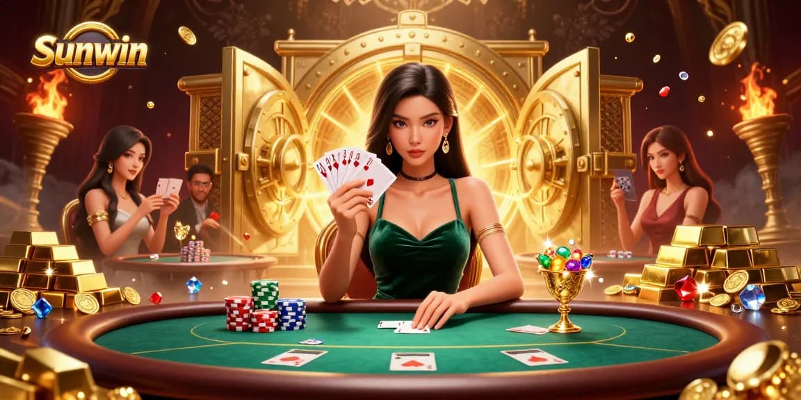 Experience a strategic poker game with Sunwin at a luxury table filled with gems and gold.