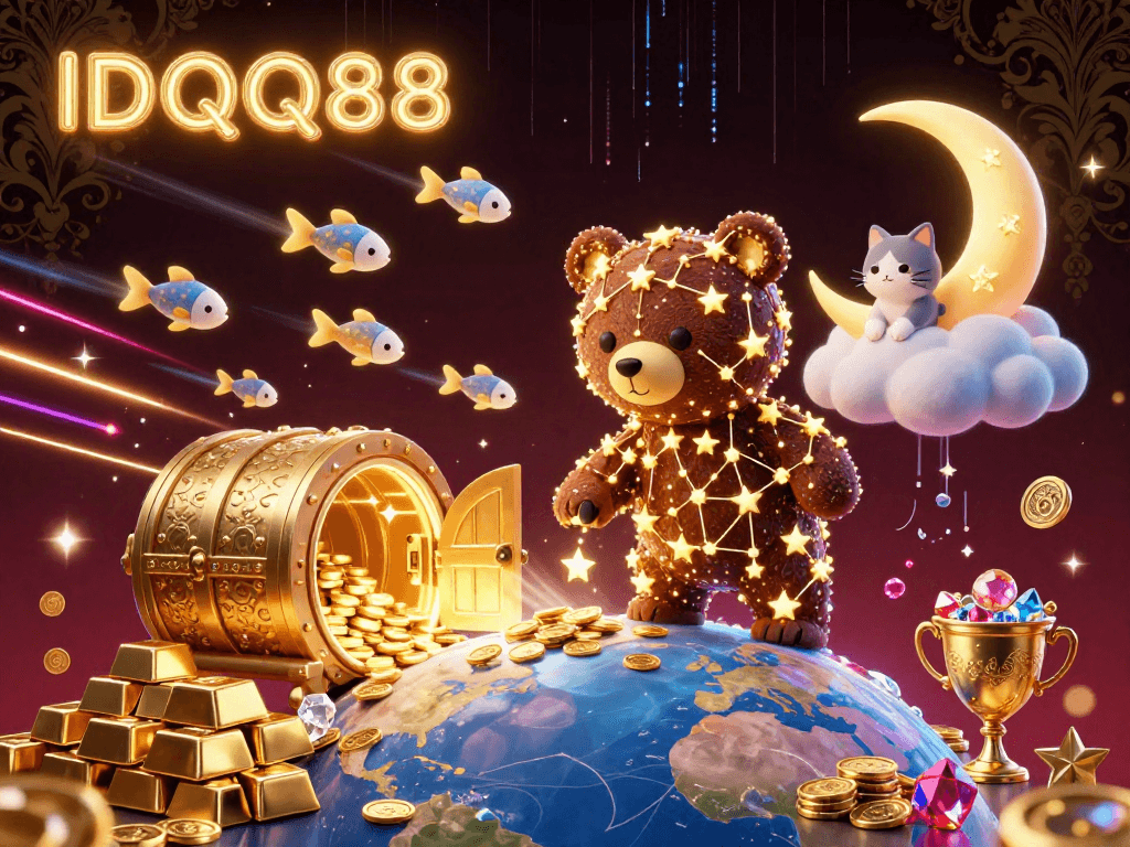 Join the IDQQ88 adventure with playful characters amid a vibrant casino treasure scene.