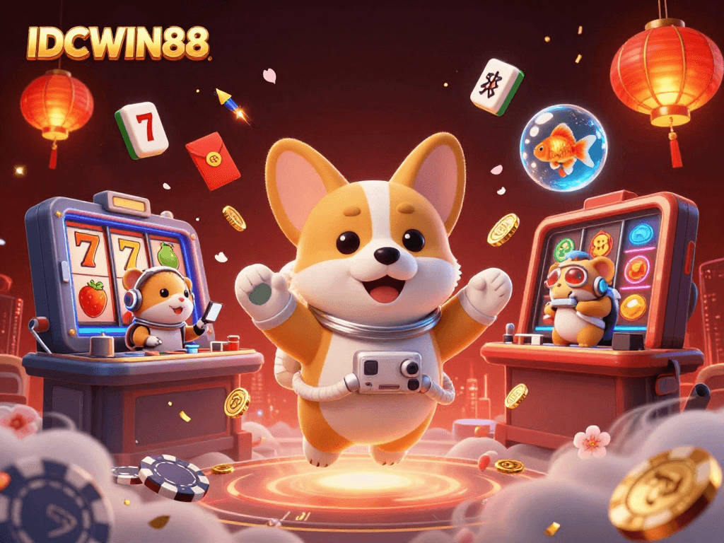 Engage with IDCWIN88 in an ultra-detailed space casino illustration featuring a playful astronaut corgi.
