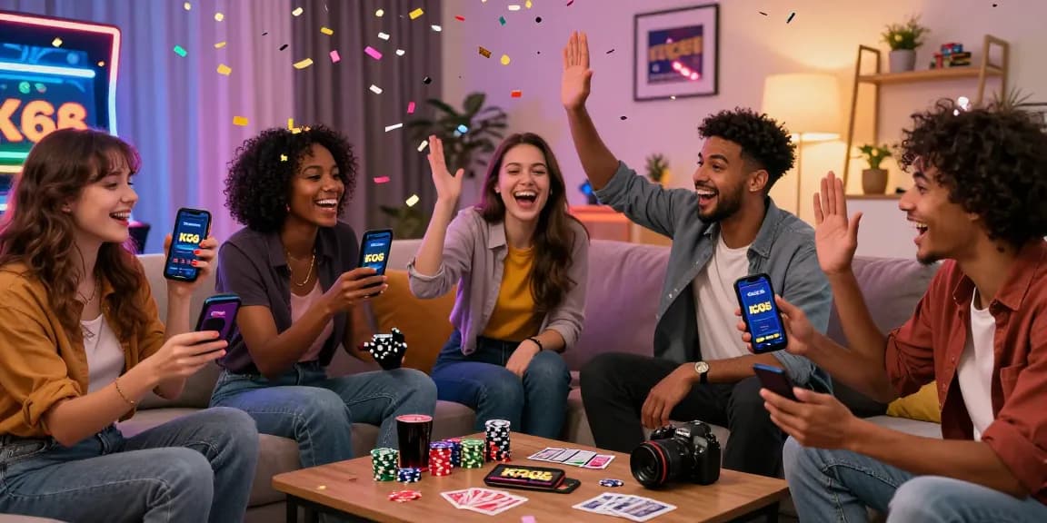 Friends celebrating with the KO66 app in a lively gambling atmosphere.