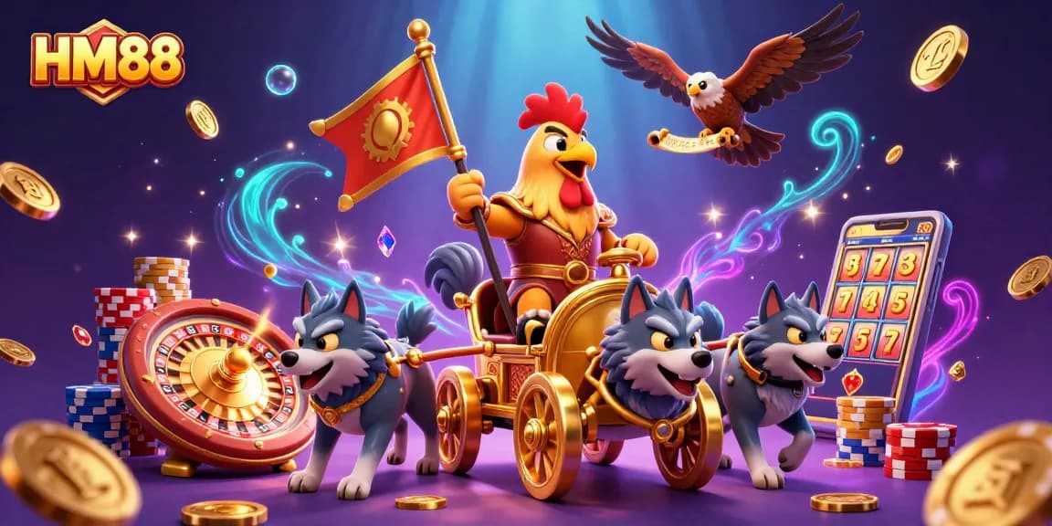 Experience thrilling gameplay at HM88 with a 3D cartoon rooster warlord leading the charge in an exciting casino scene.
