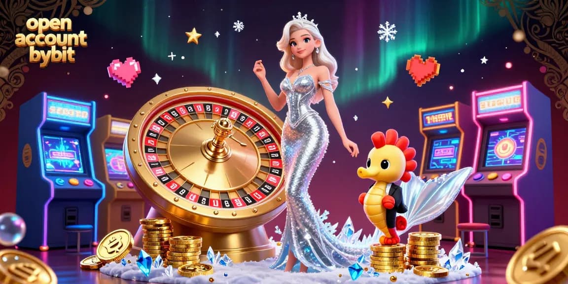 Open account Bybit with a stunning scene of a woman by a roulette wheel and gaming elements.