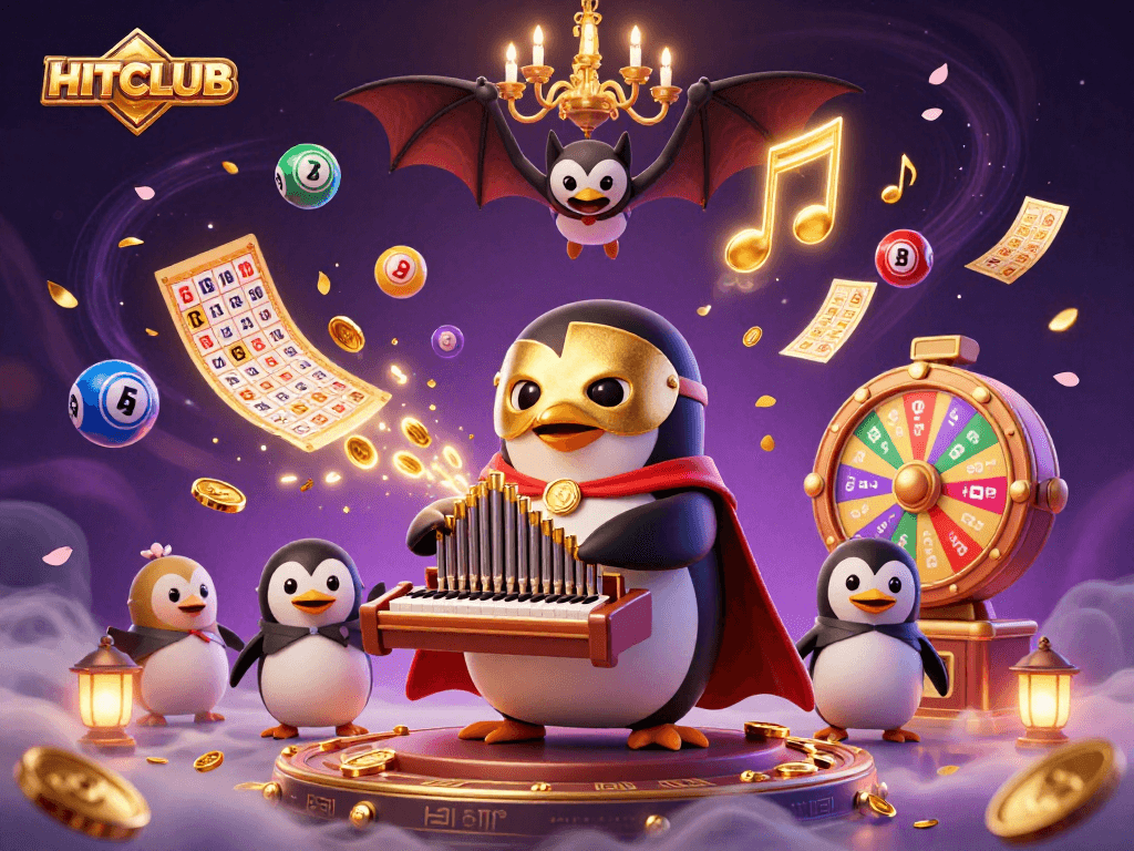 Hitclub brings lively gaming to life with a vibrant scene featuring a penguin organist and golden musical notes.