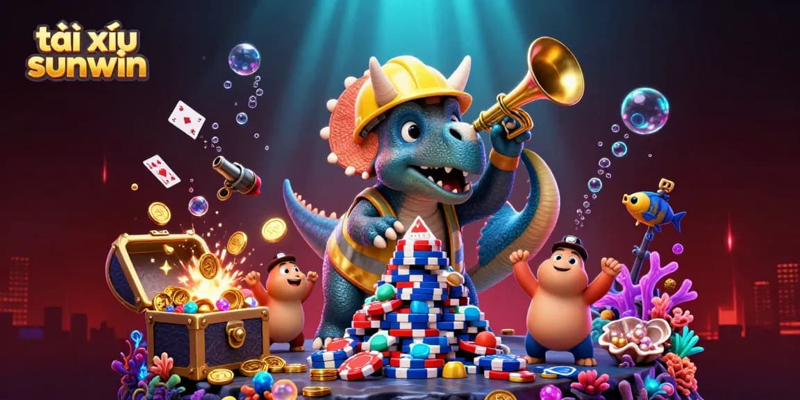 Tài xỉu sunwin showcases a vibrant illustration of a triceratops and parasaurolophus celebrating with poker chips.