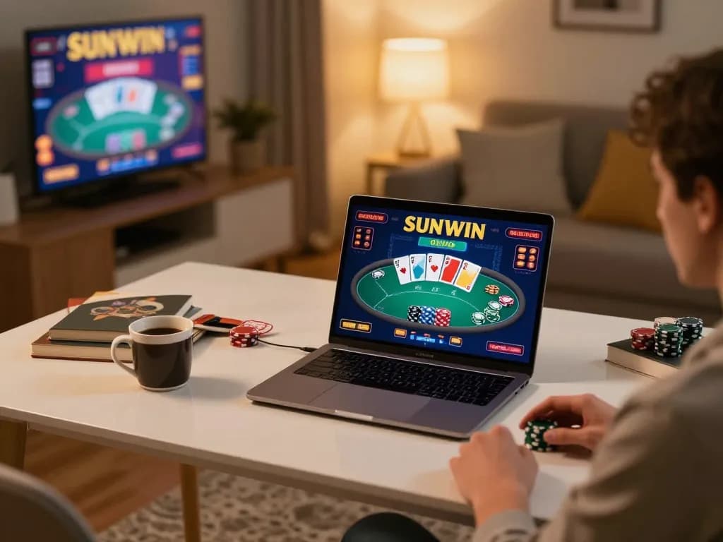 Engaging in online gambling at SUNWIN, showcasing a player focused on poker gameplay at home.