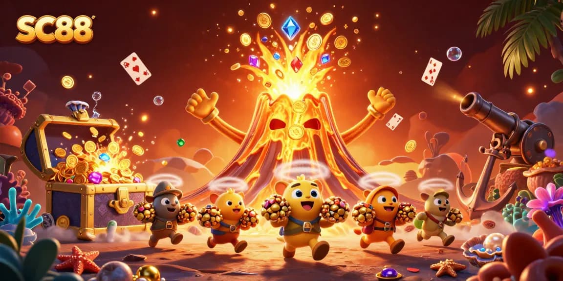SC88 showcases exciting gameplay with a golden volcano erupting treasures in a vibrant casino setting.