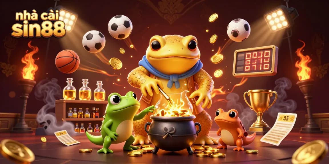 Dynamic scene depicting nhà cái sin88 with alchemist characters transmuting gold, sports elements flying around.