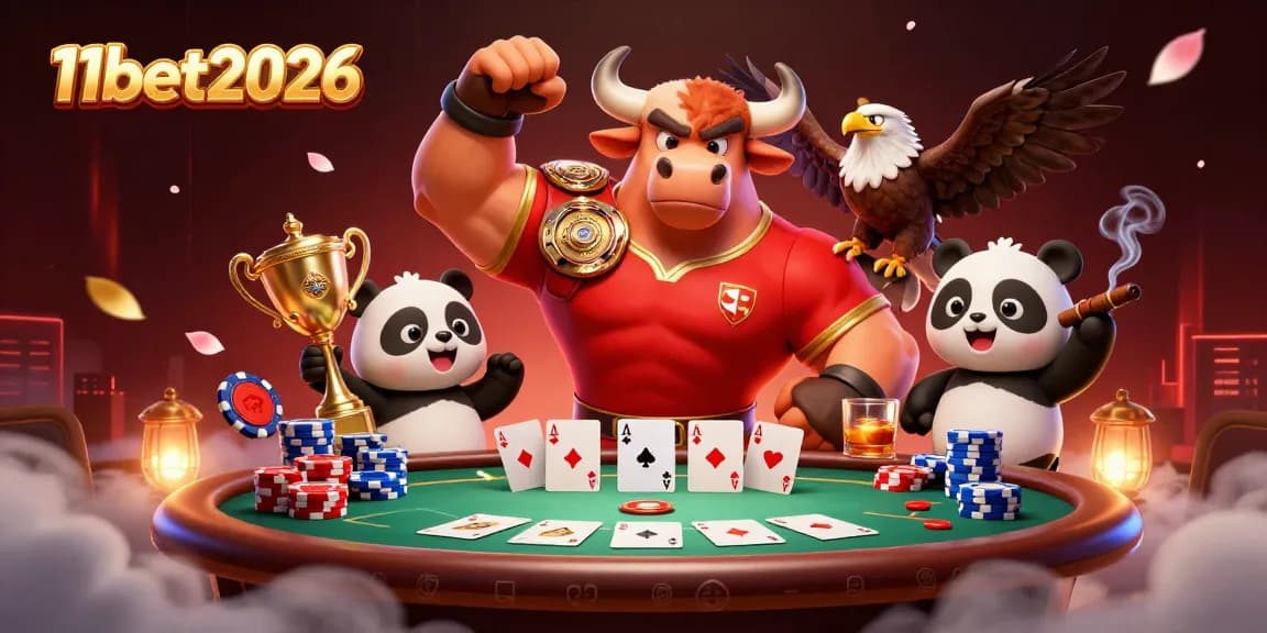 Engage with 11bet2026’s thrilling poker action featuring a victorious bull mascot.