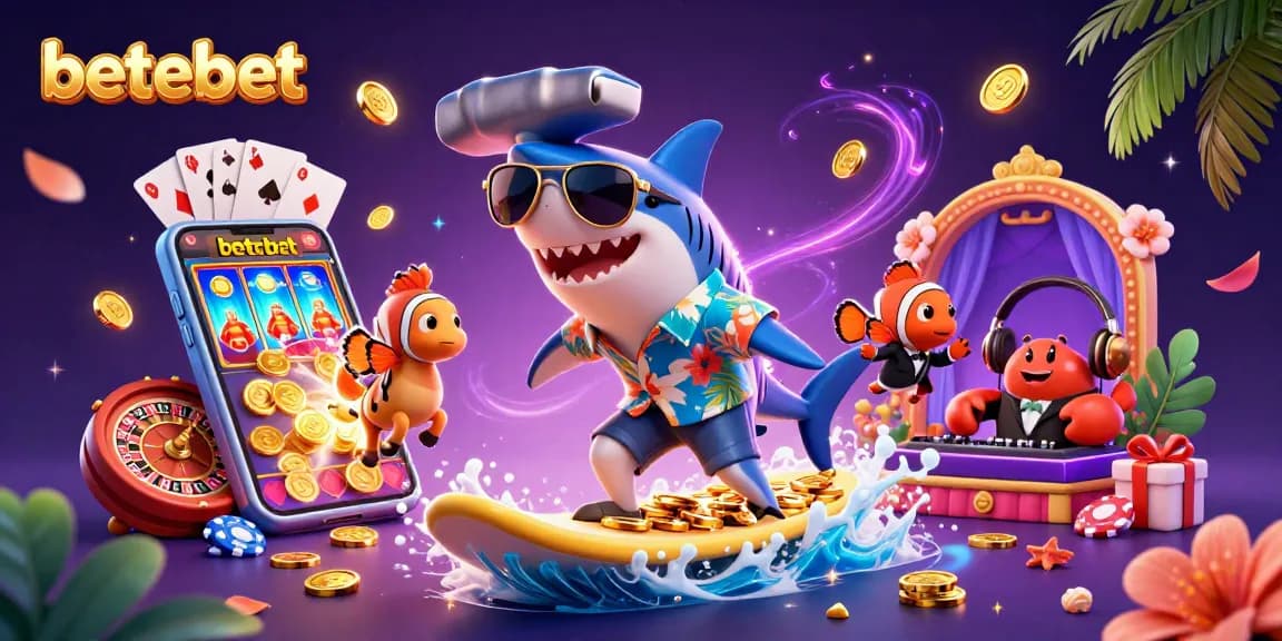 Win big with betebet, featuring a shark, clownfish, and crab in a vibrant casino-themed scene.