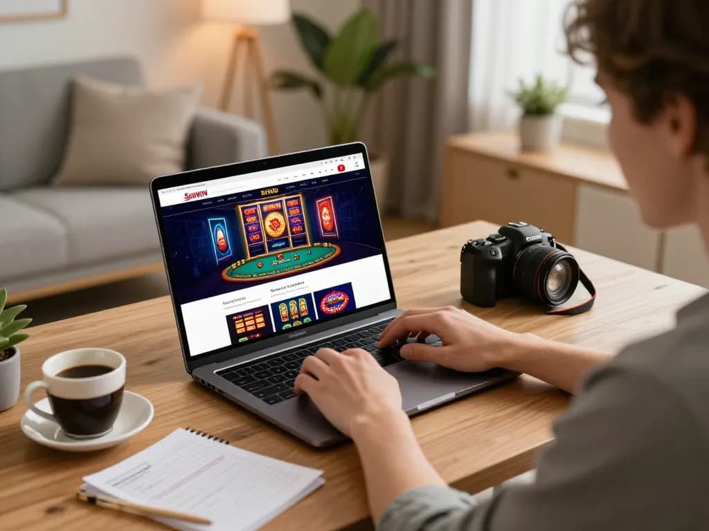 Player enjoying sunwin casino games on a laptop at home with cozy ambiance.