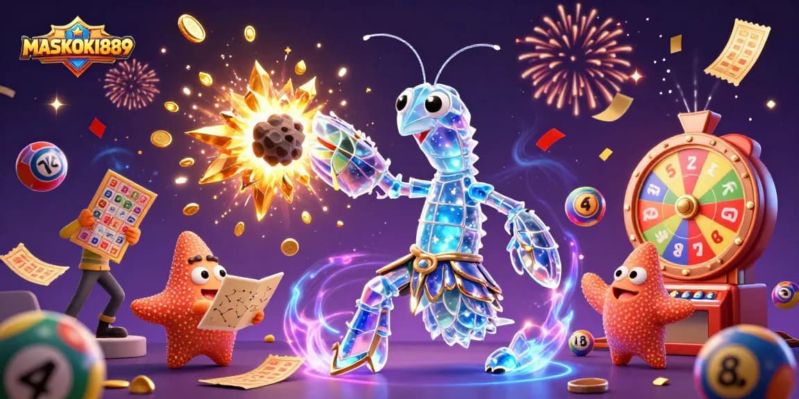 Engage with MASKOKI889's vibrant 3D casino scene featuring exploding treasures and dynamic lottery elements.