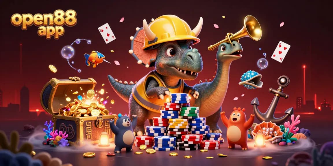 Engage with the open88 app's vibrant casino scene featuring a fun triceratops building poker chip pyramids.