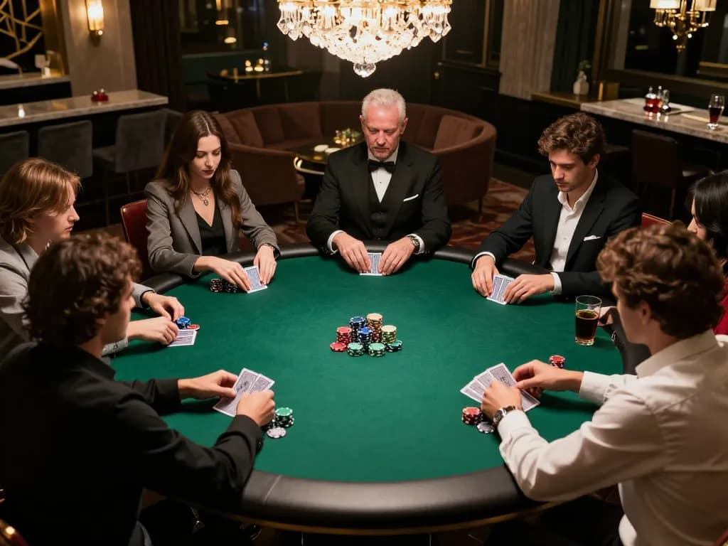 LGO GOAL poker hand in an upscale private lounge, showcasing strategic gameplay and player engagement