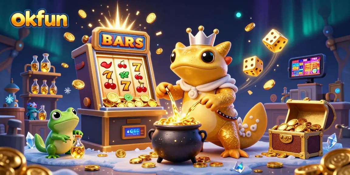 Spin jackpots and experience the thrill at okfun with gold coins and vibrant casino elements.
