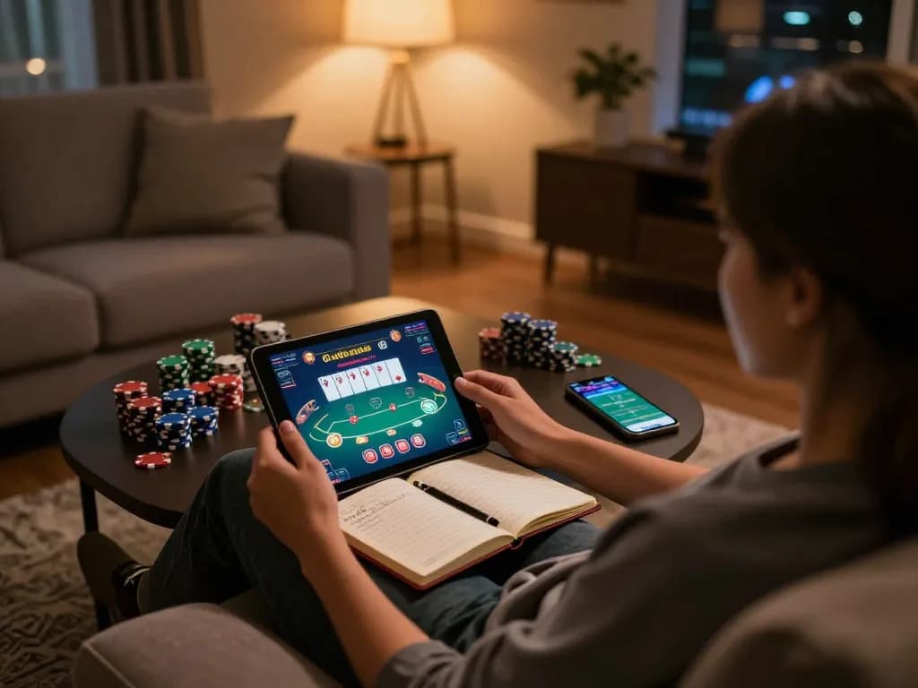 gg88 player engaging in thrilling online poker session on tablet, strategic betting notes nearby.