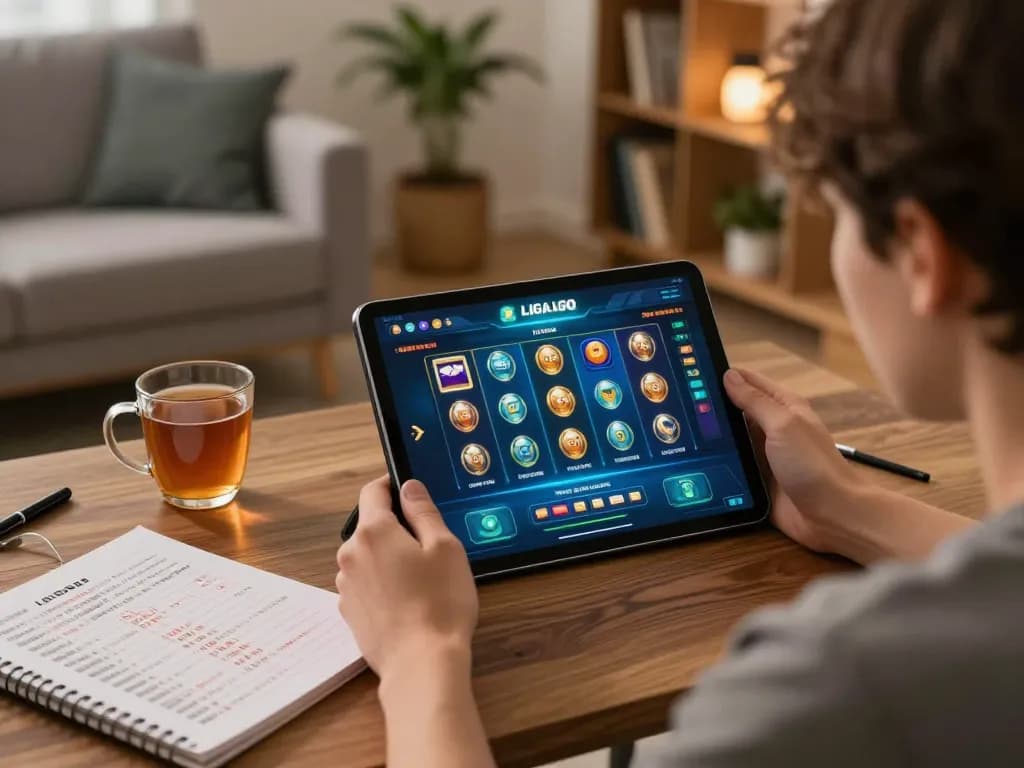 LIGALGO Slot gaming session highlighted on a tablet with strategic notes beside it, showcasing responsible gambling.