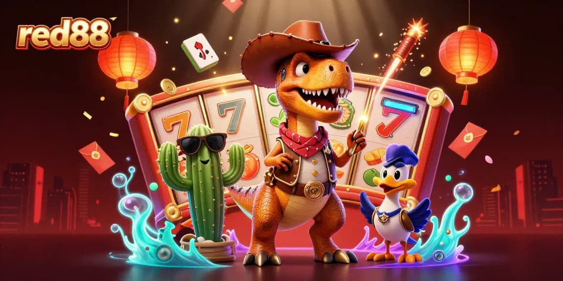 Experience the excitement at red88 with vibrant slot reels spinning and festive characters.