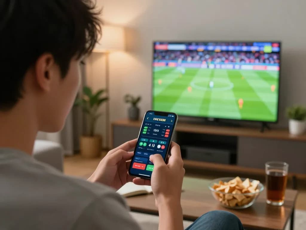 Sports betting excitement with nhandinhkeonhacai app actively displaying live odds on smartphone during a match.