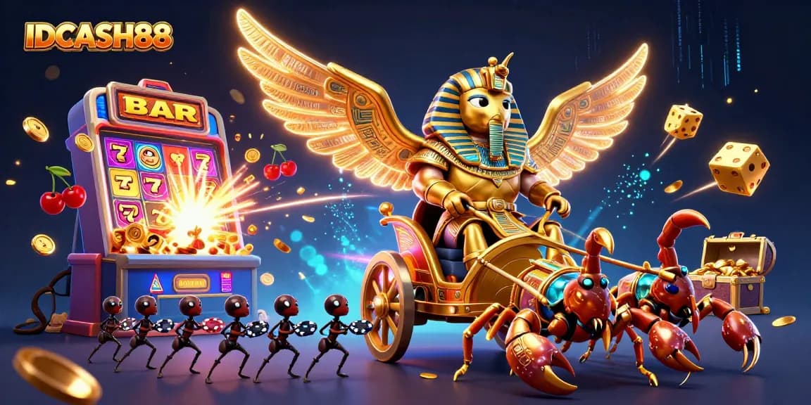 Play exciting slot games with IDCASH88, featuring vibrant jackpot scenes and dynamic characters.