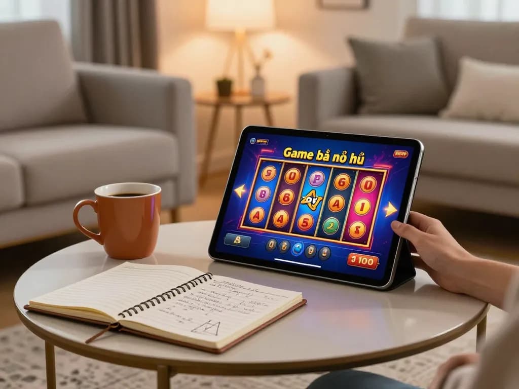 Engaging scene of Game bài nổ hũ being played on a tablet, showcasing warm home atmosphere with strategic notes.