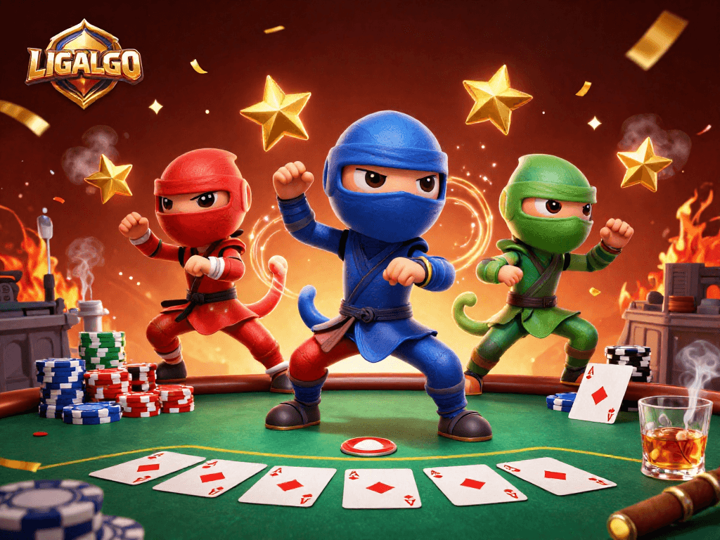LIGALGO ninjas showcase synchronized martial arts on a rooftop amidst poker elements, creating vibrant casino energy.