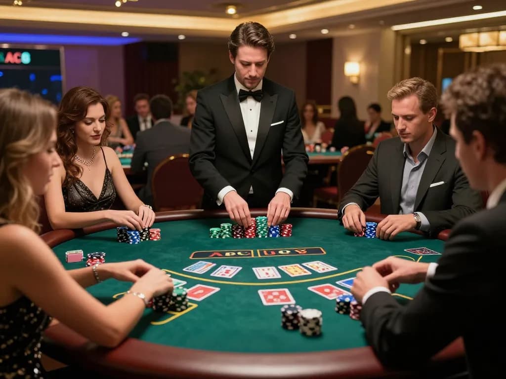 Players engaging at an upscale blackjack table at ABC8 casino, showcasing vibrant gameplay.