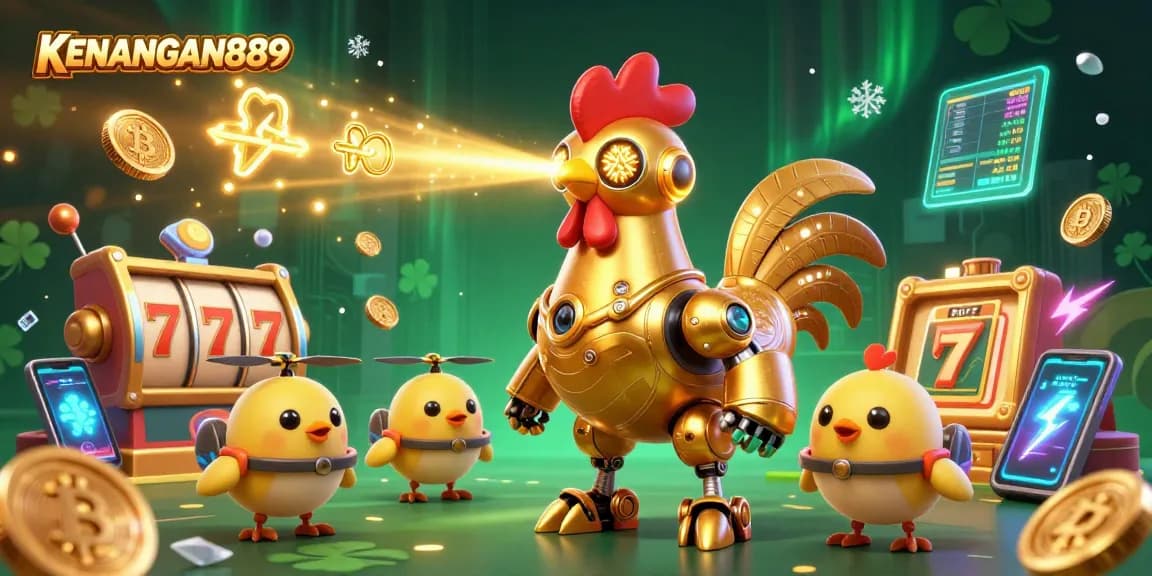 Play exciting slot games at KENANGAN889 with a dynamic golden rooster and baby chick drones.
