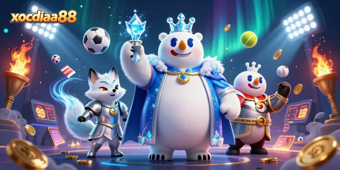 Xocdiaa88 features a thrilling scene with dynamic sports balls and vibrant 3D characters embodying online gaming excitement.