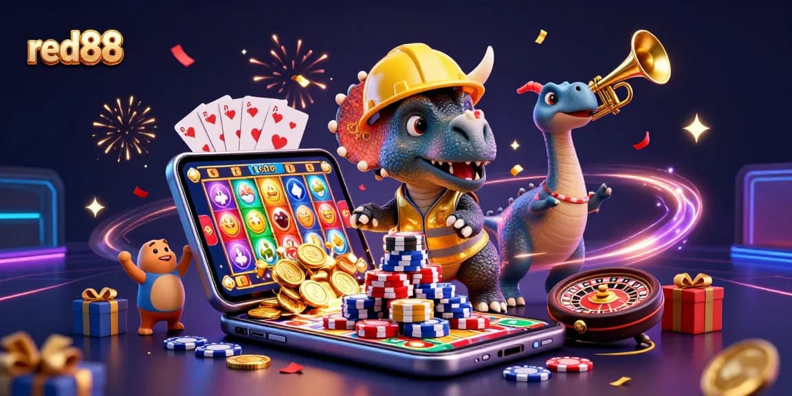Experience excitement with red88 as a triceratops builds poker chip pyramids amidst vibrant casino celebration.