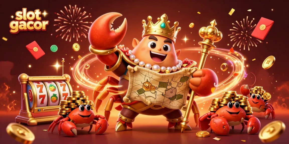 Experience the thrill of slot gacor with a colossal crab emperor amidst festive casino elements.