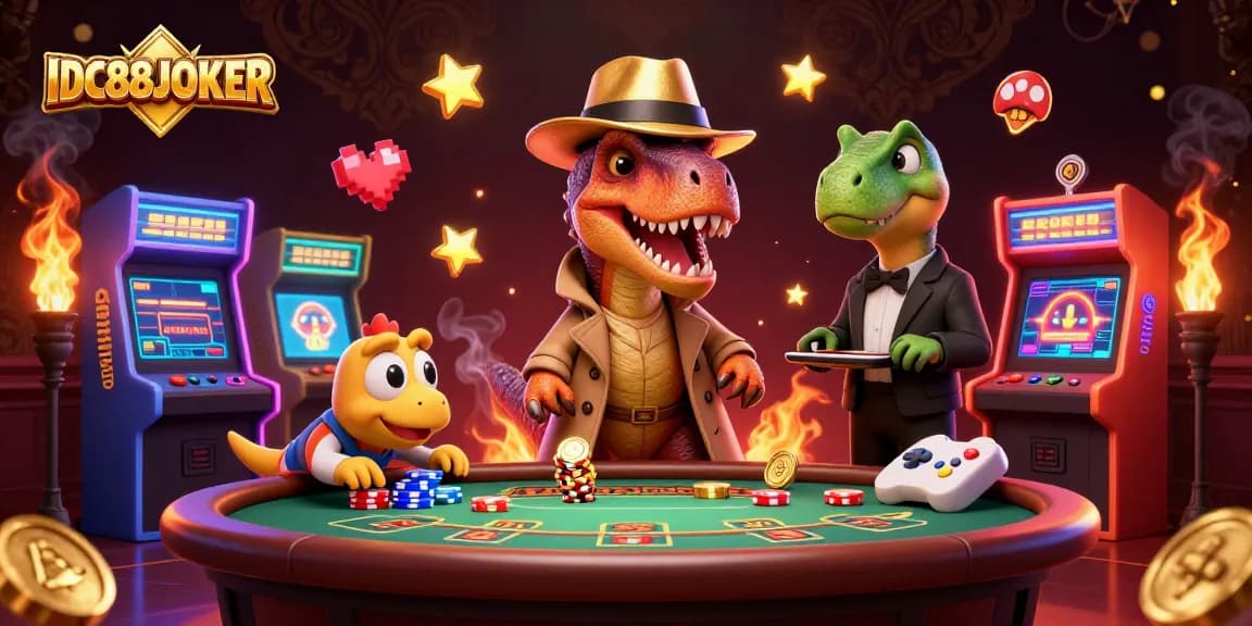Engage with IDC88JOKER as a velociraptor card counter sneaks at a vibrant casino scene.