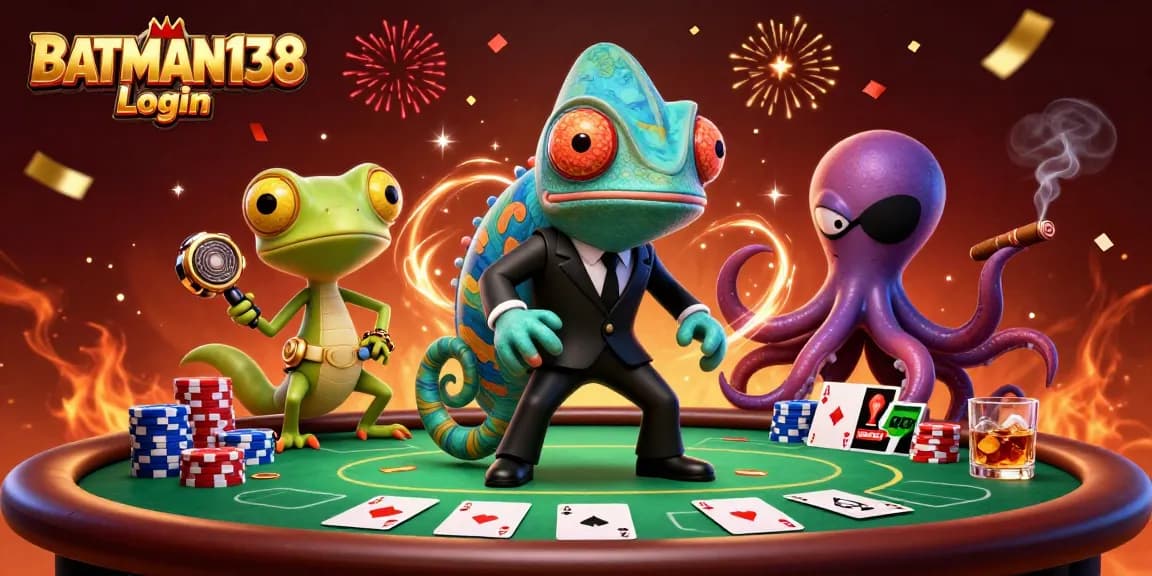 Experience the thrill of BATMAN138 Login with a vibrant casino scene featuring animated characters and poker elements.