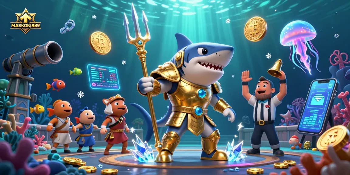 Engage with MASKOKI889 as a ferocious tiger shark battles in a dynamic underwater casino scene.