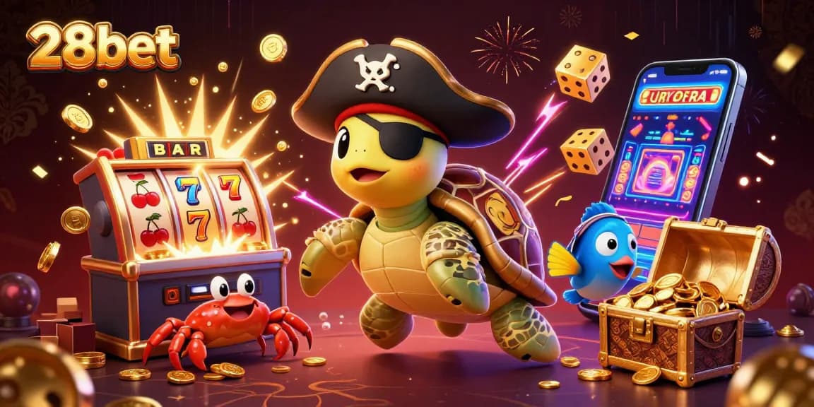 Experience thrilling gameplay with 28bet's vibrant casino scene filled with winning symbols and treasure.