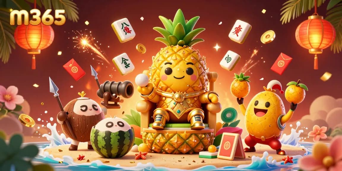 Experience m365's vibrant casino atmosphere featuring a golden pineapple king and dynamic gaming elements.
