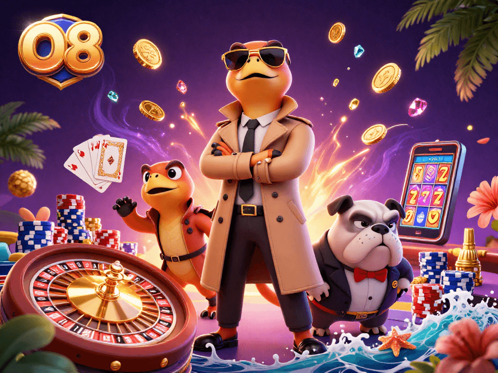 Join O8's vibrant casino with raptors sneaking in for a winning play.