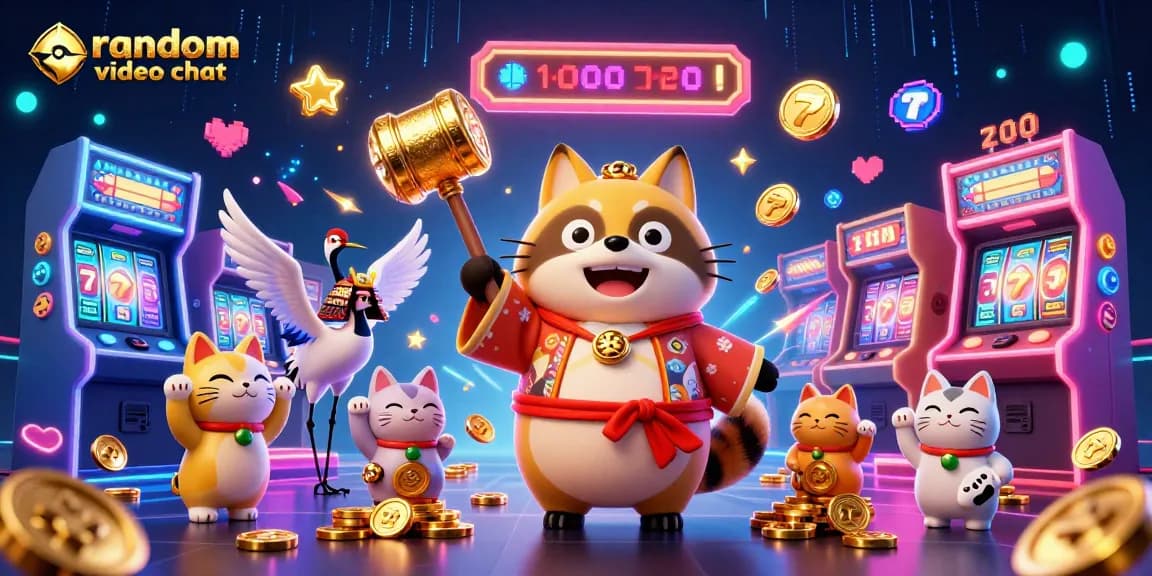 Engage in random video chat featuring colorful characters and lively casino elements in a vibrant, energetic illustration.