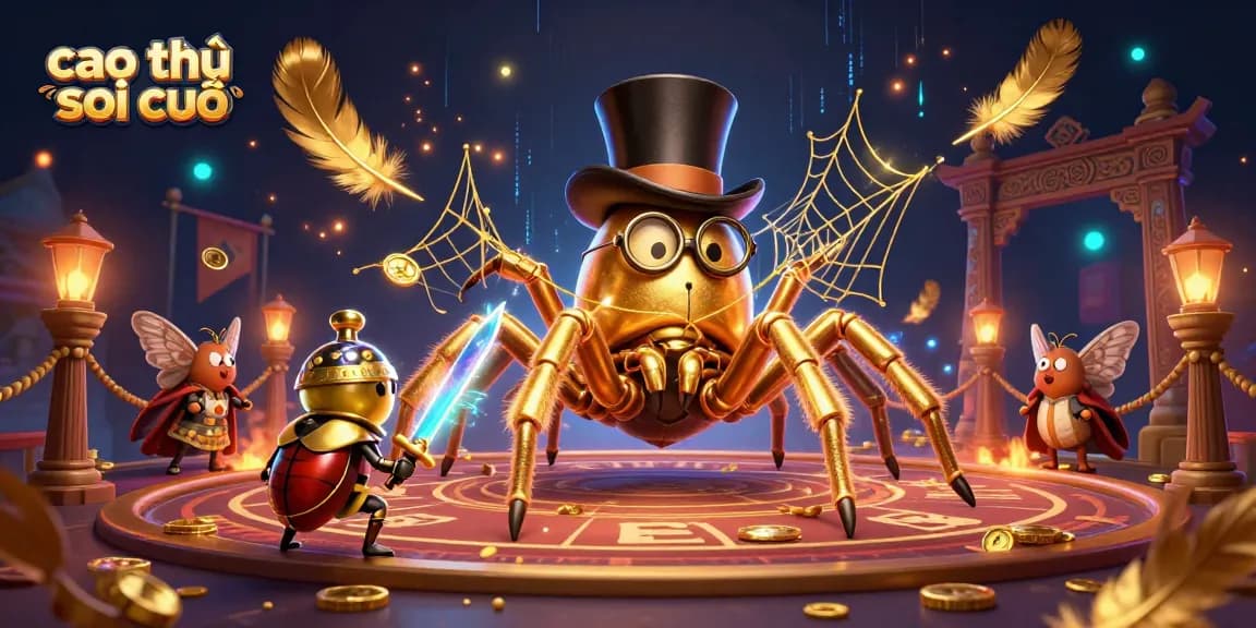 Cao thủ soi cầu reveals winning strategies in a vibrant online lottery illustration featuring a golden tarantula and beetle knight.