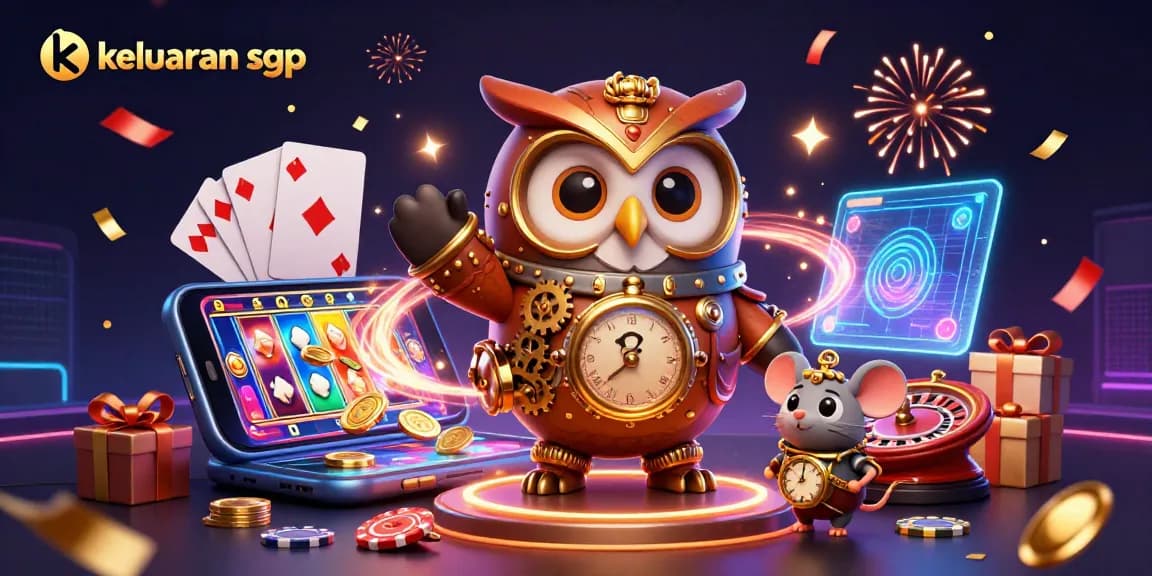 Keluaran sgp visualizes a vibrant steampunk casino scene with time-traveling characters amidst celebratory elements.