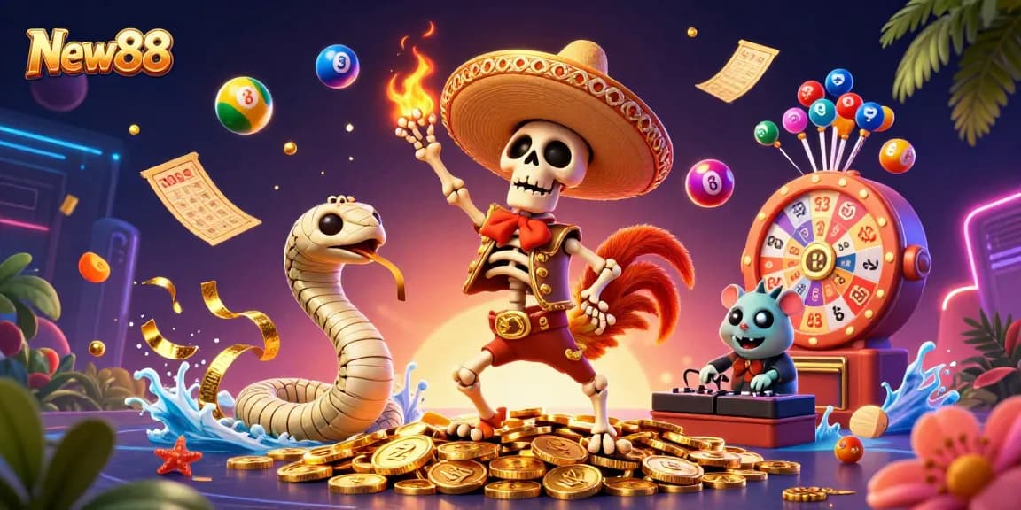 Join the excitement at New88 with a vibrant 3D casino scene featuring a dancing rooster and golden treasures.