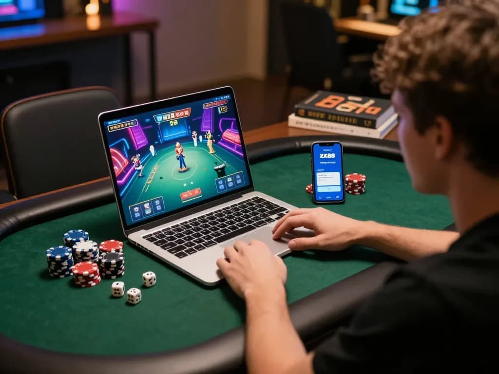 Engaged player at home using xx88 com for online poker gaming in a cozy setup