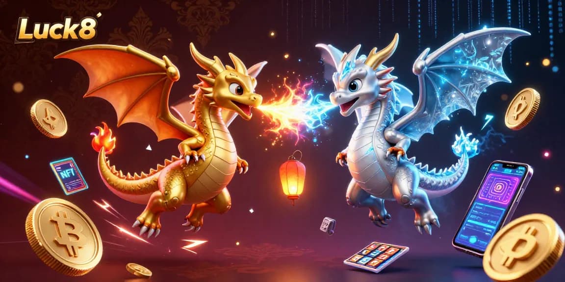 Engage in winning strategies at Luck8 with a dynamic illustration featuring golden and silver dragons amidst casino elements.